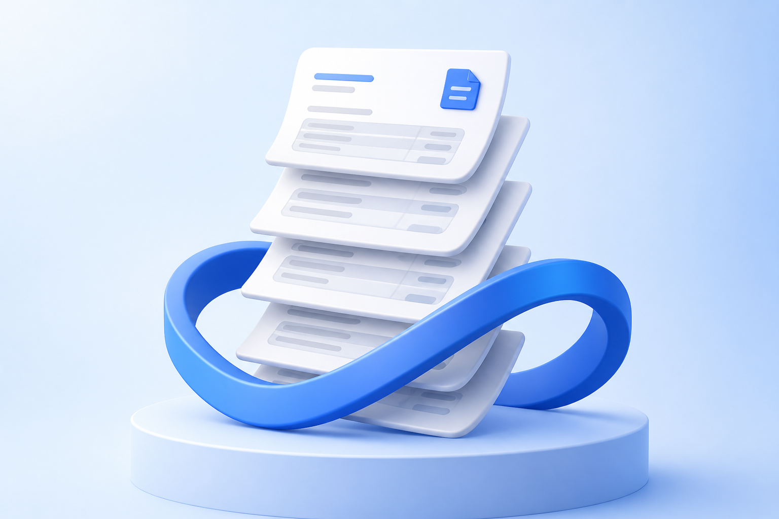 A stack of invoices with an infinity ribbon representing unlimited invoicing